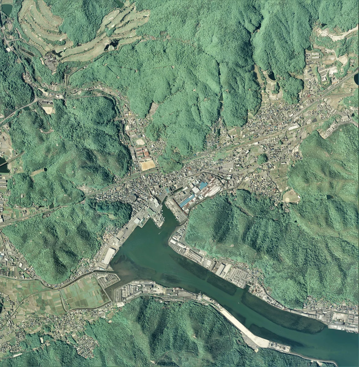 Aerial view of mountains meeting the Seto Inland Sea in the modern Bizen region