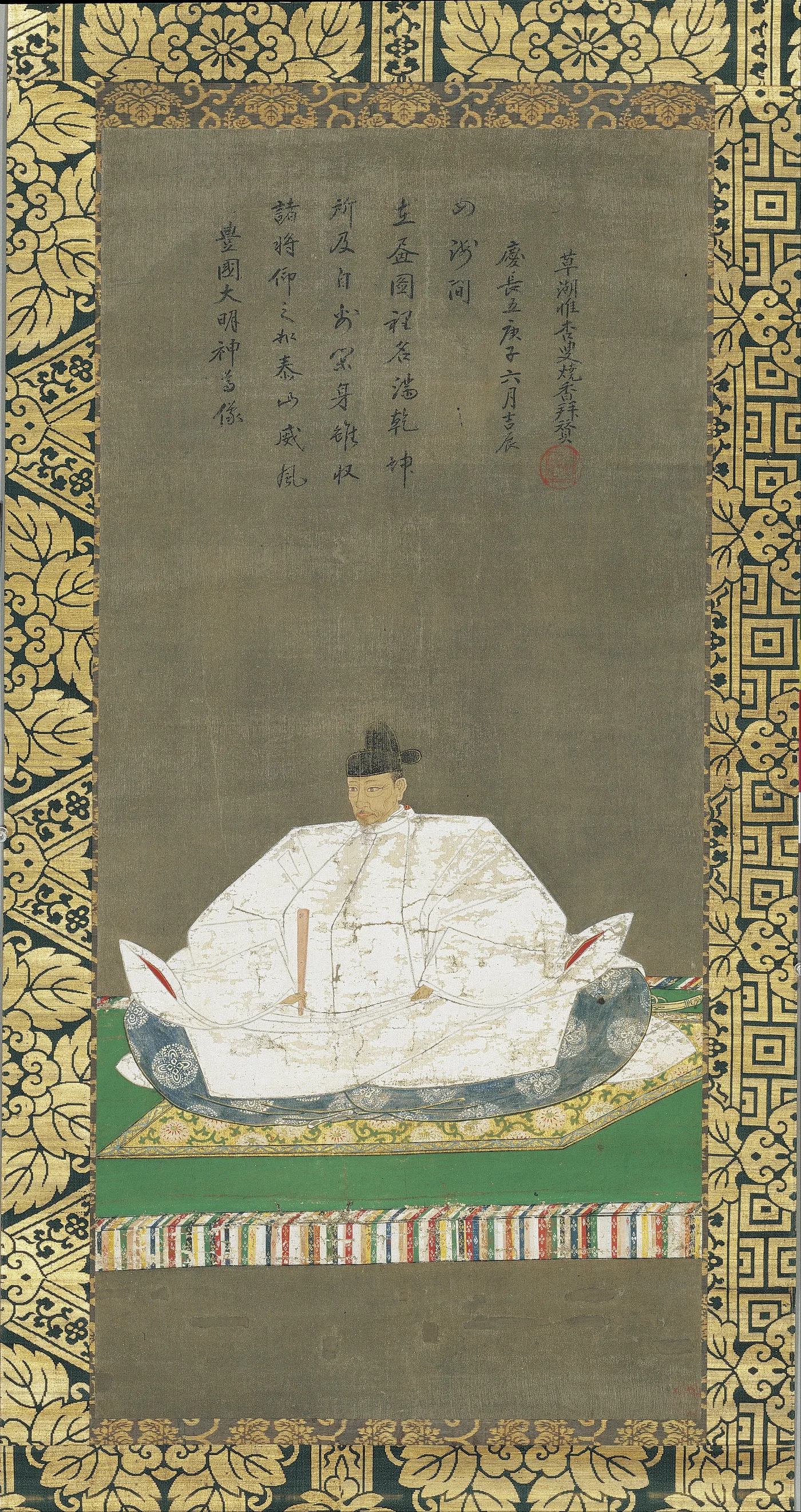 Painted portrait of Toyotomi Hideyoshi seated in formal white robes